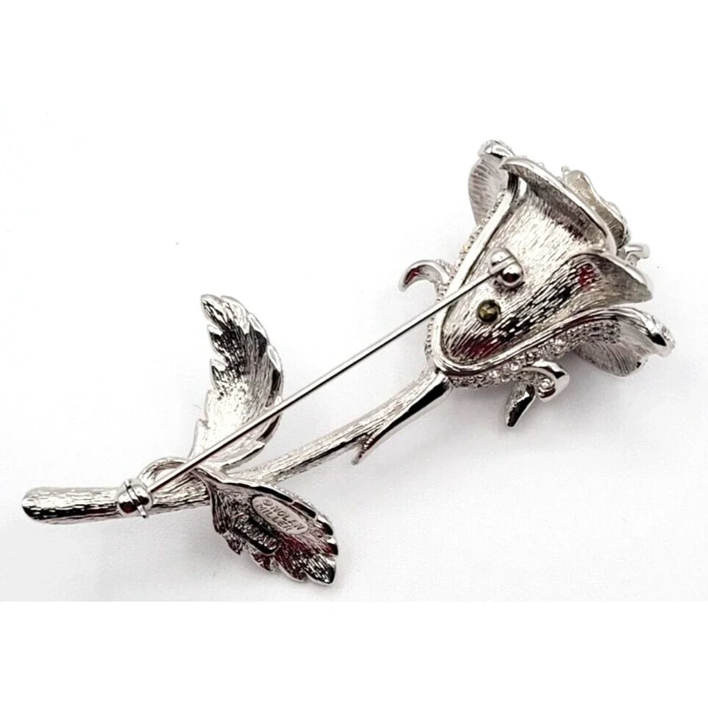 NOLAN MILLER PAVE RHINESTONE ROSE FLOWER LONG STEM BROOCH PIN‎ SILVER SIGNED